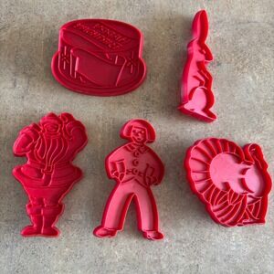 Vintage Tupperware Set Of 5 Red Cookie Cutter Set Santa Bunny Turkey Cake Boy